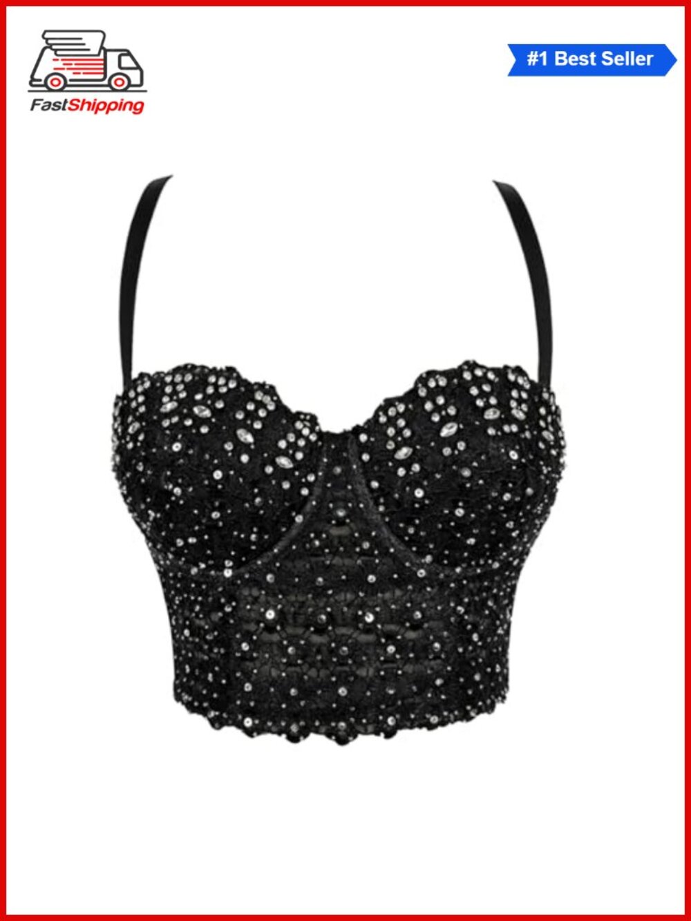 Lace Mesh Rhinestone Bustier Corset Crop Top with Detachable Straps